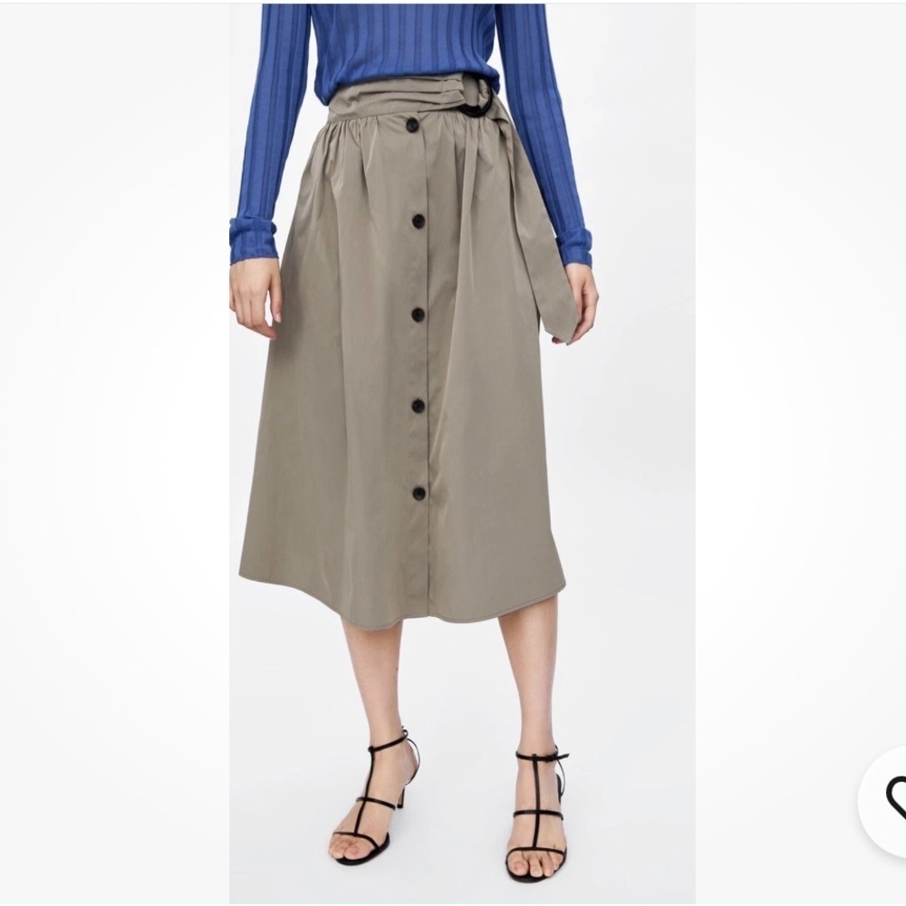 ZARA Green Button Front Flare Midi Skirt Size Small